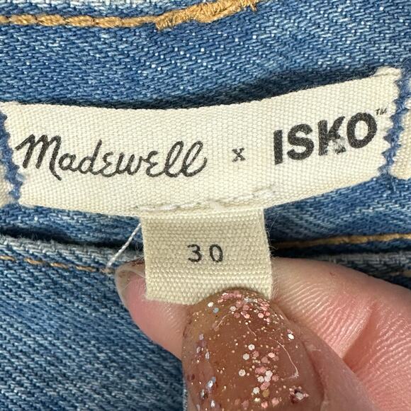 Madewell X ISKO Jeans Women 30 Blue Patchwork Flare Raw Hem Boho Festival Hippie - Picture 7 of 13